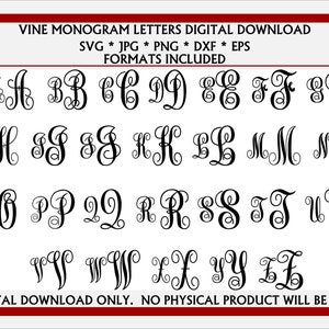 Vine Monogram Letters SVG, JPG, Dxf, EPS y Png. Archivo de corte de descarga digital / imágenes prediseñadas para sistemas Cricut, Silhouette, Glowforge y vinilo