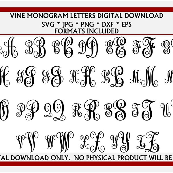 Vine Monogram Letters SVG, JPG, Dxf, EPS, and Png. Digital Download cut file /…