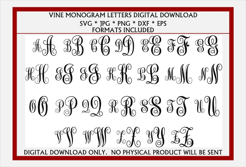 Vine Monogram Letters SVG, JPG, Dxf, EPS, and Png. Digital Download cut file / clip art…, photo 1 of 2