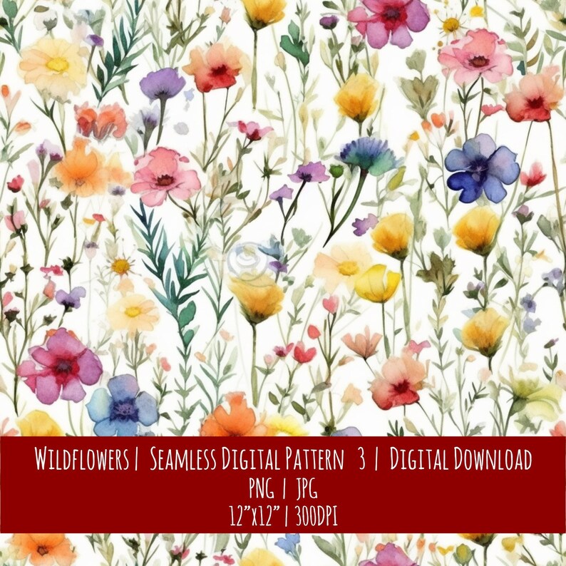 Wildflower Watercolor Seamless Pattern: Boho Farmhouse Decor (Digital Download), photo 1 of 2