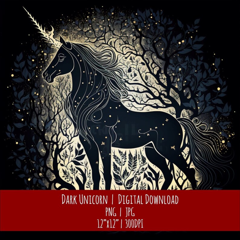 Dark Unicorn Clipart: Hand-Drawn Celestial Design (PNG JPG Digital Download), photo 1 of 2