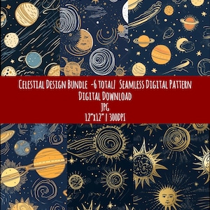 Celestial Sun, Moon & Planets Bundel in Handgetekende Stijl- Naadloos Patroon Digitale Download BOHO. Eclectisch. Herhalend patroon. Afdrukbaar.