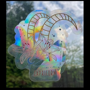 Capricorn Zodiac Sign Suncatcher. 4&quot; Height Rainbow Maker. Feminine Prismatic Window Sticker. Sun Catcher. Image Printed on Holographic Film