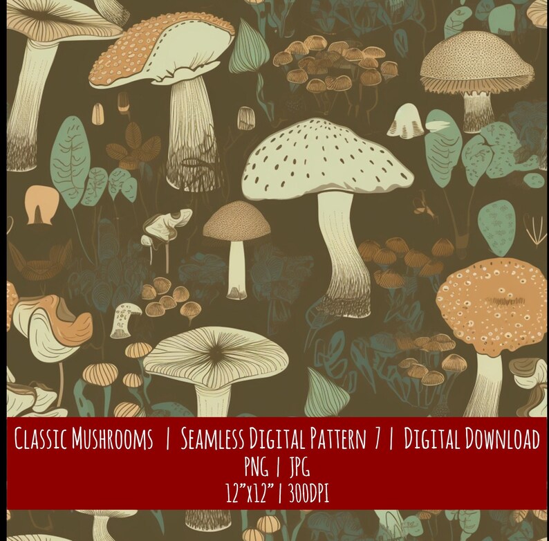 Wild Mushroom Seamless Pattern: Hand-Drawn Boho Design (Digital Download), photo 1 of 2