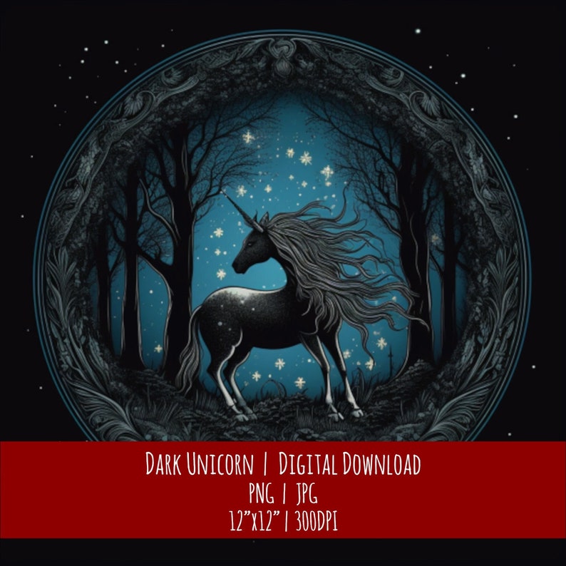 Dark Unicorn Celestial Art: Hand-Drawn Style (PNG JPG Digital Download), photo 1 of 2