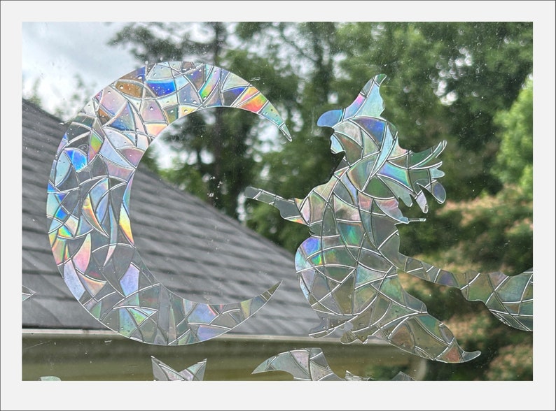 Halloween Window Clings: Witches, Bats, Moon - Rainbow Prism Sun Catcher - Set of 11, photo 5 of 10