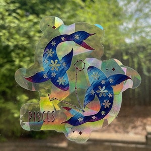 Pisces Zodiac Sign Suncatcher. 4&quot; Height Rainbow Maker. Feminine Prismatic Window Sticker. Sun Catcher. Image Printed on Holographic Film.