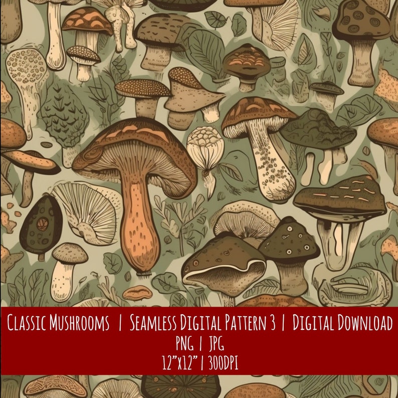 Wild Mushroom Seamless Pattern: Hand-Drawn Style (Digital Download), photo 1 of 2