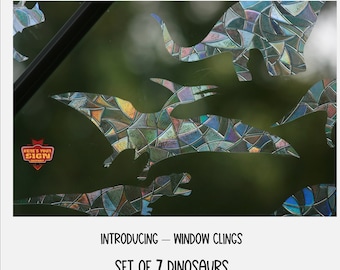 Dinosaur Window - 7 Clings.  Window / Room Decor. Sun Catcher. Rainbow Window Prism Decoration. Static Window Cling. Bonus clings included!