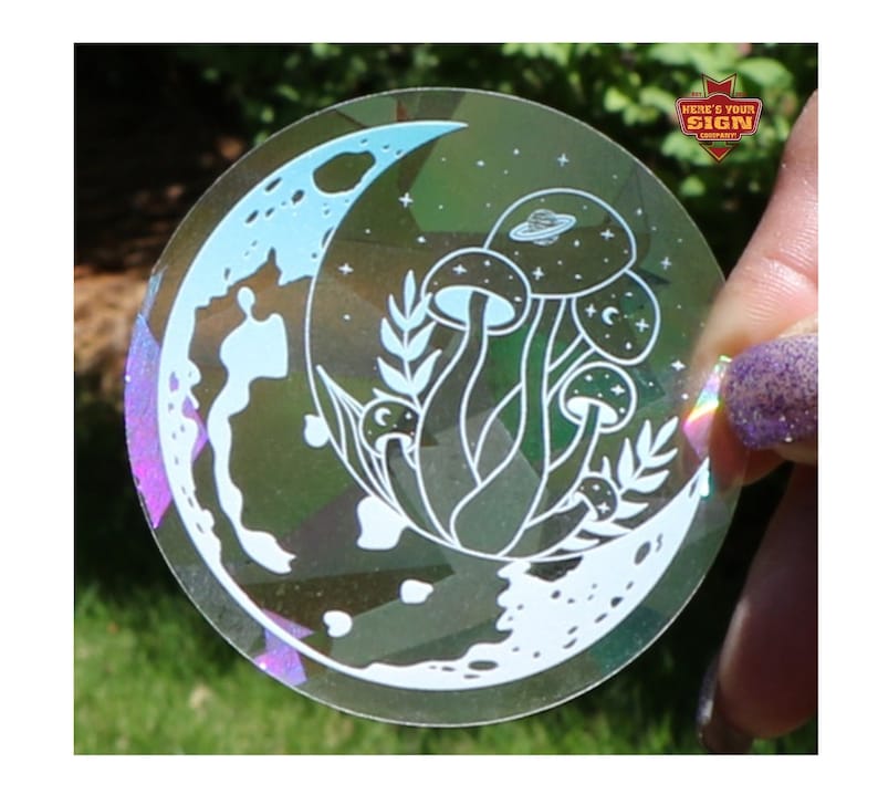 Mushroom Moon Suncatcher Sticker: Rainbow Prismatic Window Film (3 inch), photo 1 of 6
