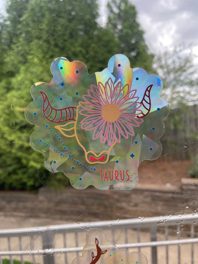 Taurus Zodiac Suncatcher: Holographic Rainbow Window Sticker, photo 3 of 10
