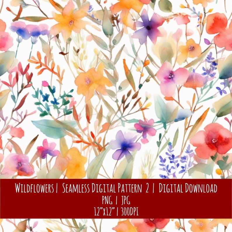 Wildflower Watercolor Seamless Pattern: Boho Farmhouse Design (Digital Download), photo 1 of 2