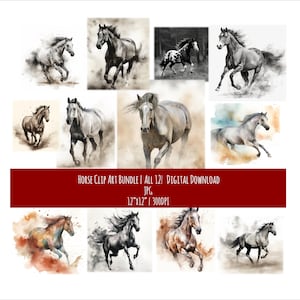 Ensemble d'art de cheval | Art équin | Téléchargement numérique | Illustration | Décoration murale | Clipart | Cadeau pour les amoureux des chevaux | Aquarelle | 12 fichiers JPG