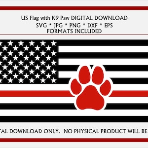 Amerikaanse vlag Fire Red Dog Paw Print. Fire K9 diensthond sticker. SVG, JPG en meer. Digitale download voor Cricut, Silhouette en anderen.