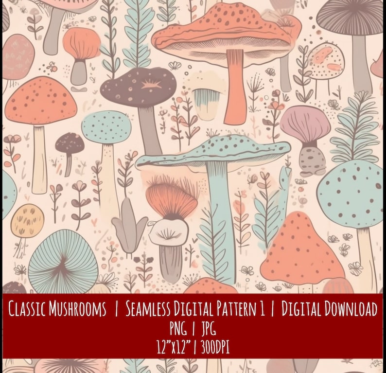 Wild Mushroom Seamless Pattern: Hand-Drawn Boho Design (Digital Download), photo 1 of 2
