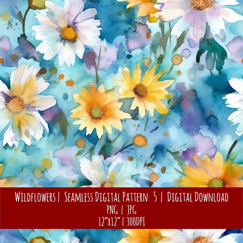 Wildflower Watercolor Seamless Pattern: Boho Farmhouse Decor (Digital Download), photo 1 of 2