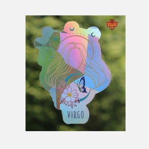 Virgo Zodiac Sign Suncatcher. 4&quot; Height Rainbow Maker. Feminine Prismatic Window Sticker. Sun Catcher. Image Printed on Holographic Film.