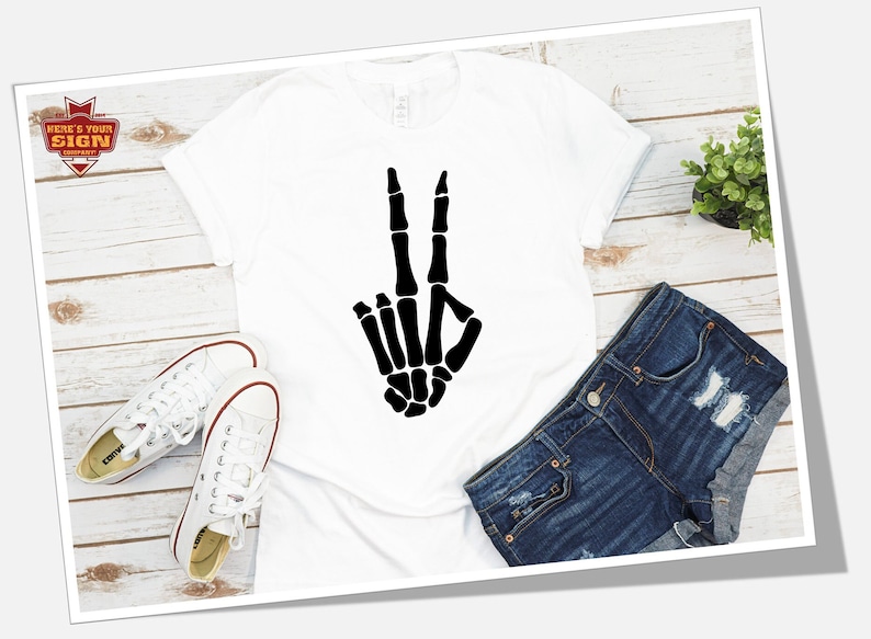 Skeleton Hand Peace Sign Iron On Decal - Halloween Shirt HTV, photo 1 of 10