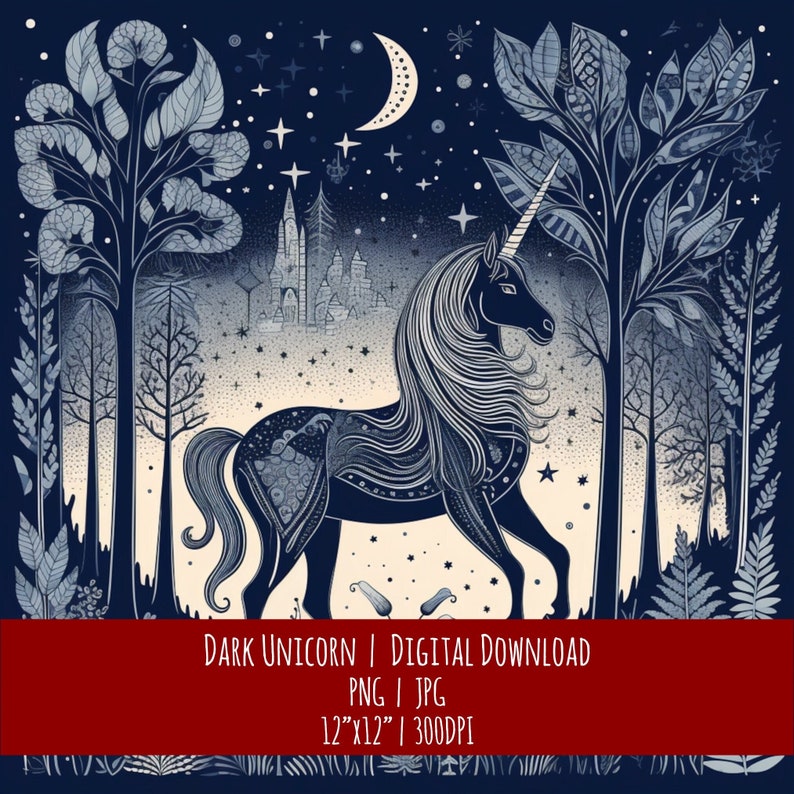 Dark Unicorn Clipart: Hand Drawn Celestial Design (PNG JPG Digital Download), photo 1 of 2