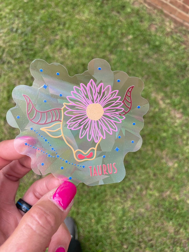 Taurus Zodiac Suncatcher: Holographic Rainbow Window Sticker, photo 6 of 10