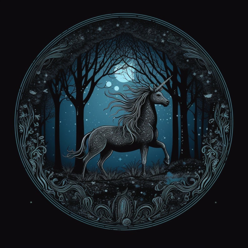 Dark Unicorn Hand-Drawn Clipart: Celestial Pagan Design (PNG JPG Digital Download), photo 2 of 2