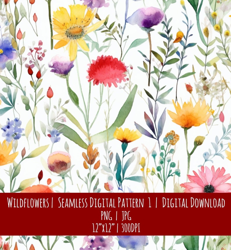 Wildflower Watercolor Seamless Pattern: Boho Farmhouse (Digital Download), photo 1 of 2
