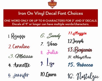 Personalized Custom Name Iron On Vinyl Decal Transfer Sold By TOTAL Word Length (left to right) Cursive Fancy Fonts DIY, iron on name