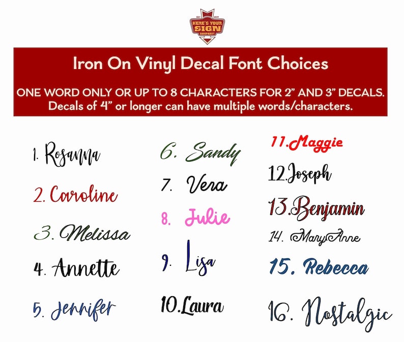 Personalized Custom Name Iron On Vinyl Decal Transfer Sold By TOTAL Word Length (left to…, photo 1 of 9