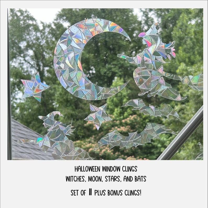 Halloween Window Clings: Witches, Bats, Moon - Rainbow Prism Sun Catcher - Set of 11, photo 1 of 10