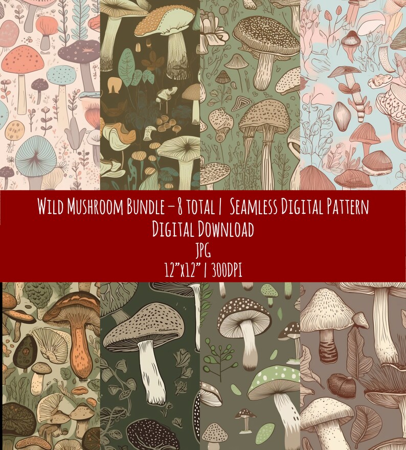 Wild Mushroom Seamless Pattern Bundle: Hand-Drawn Style (Digital Download), photo 1 of 9