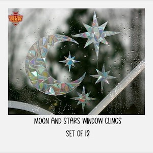 Moon and Stars Window Clings. Sun Catcher. Rainbow Prism Decoration. Static Window Cling. 12 Decals with bonuses!