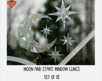 Moon and Stars Window Clings. Sun Catcher. Rainbow Prism Decoration. Static Window Cling. 12 Decals with bonuses!