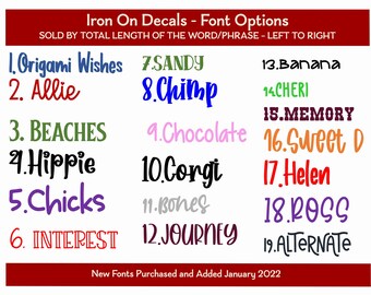 Personalized Custom Name Iron On Vinyl Decal Transfer Sold By Total Length- left to right- DIY Christmas Stocking, wedding, Iron on Name..