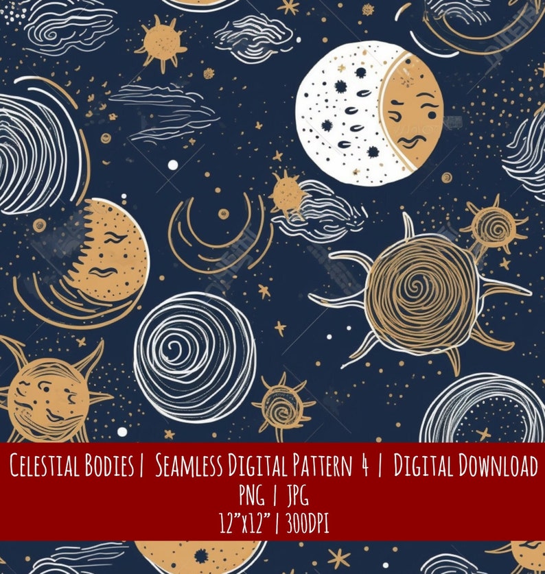 Celestial Bodies Seamless Pattern: Boho Farmhouse Decor (Digital Download), photo 1 of 2