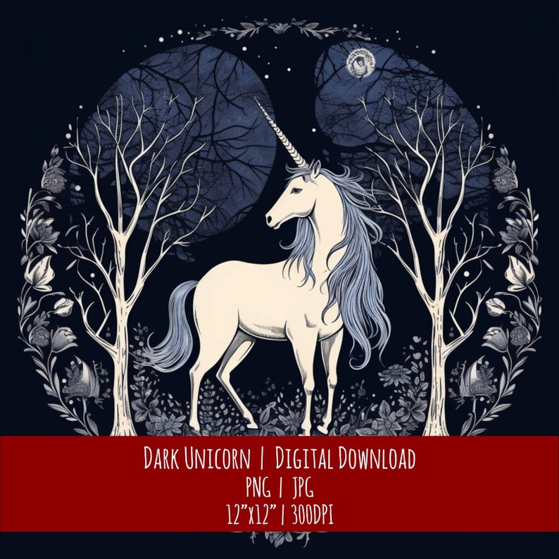 Dark Unicorn Hand-Drawn Clipart: Celestial Pagan Design (PNG JPG Digital Download), photo 1 of 2