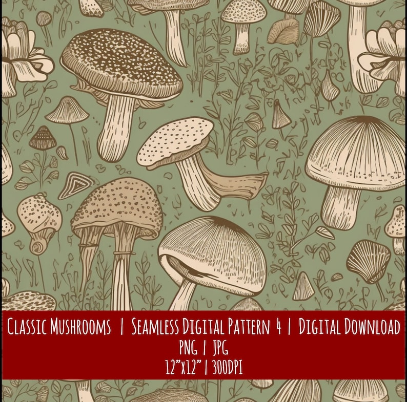 Hand Drawn Wild Mushroom Seamless Pattern: Boho Farmhouse Decor (Digital Download), photo 1 of 2