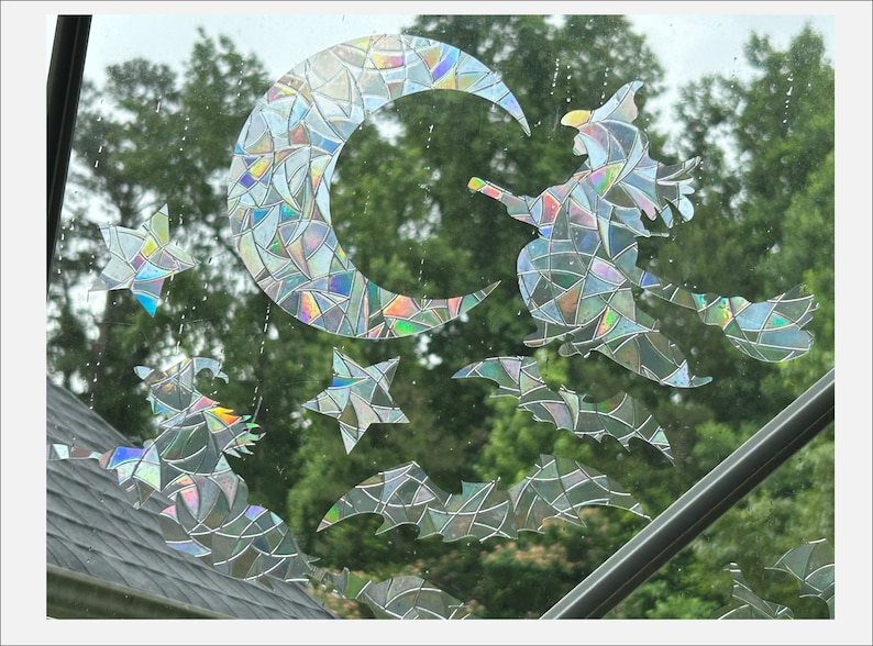 Halloween Window Clings: Witches, Bats, Moon - Rainbow Prism Sun Catcher - Set of 11, photo 4 of 10