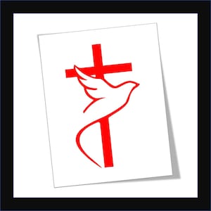 May include: A red cross with a white dove flying around it. The dove is facing right and has its wings spread out. The cross is a symbol of Christianity and the dove is a symbol of peace.