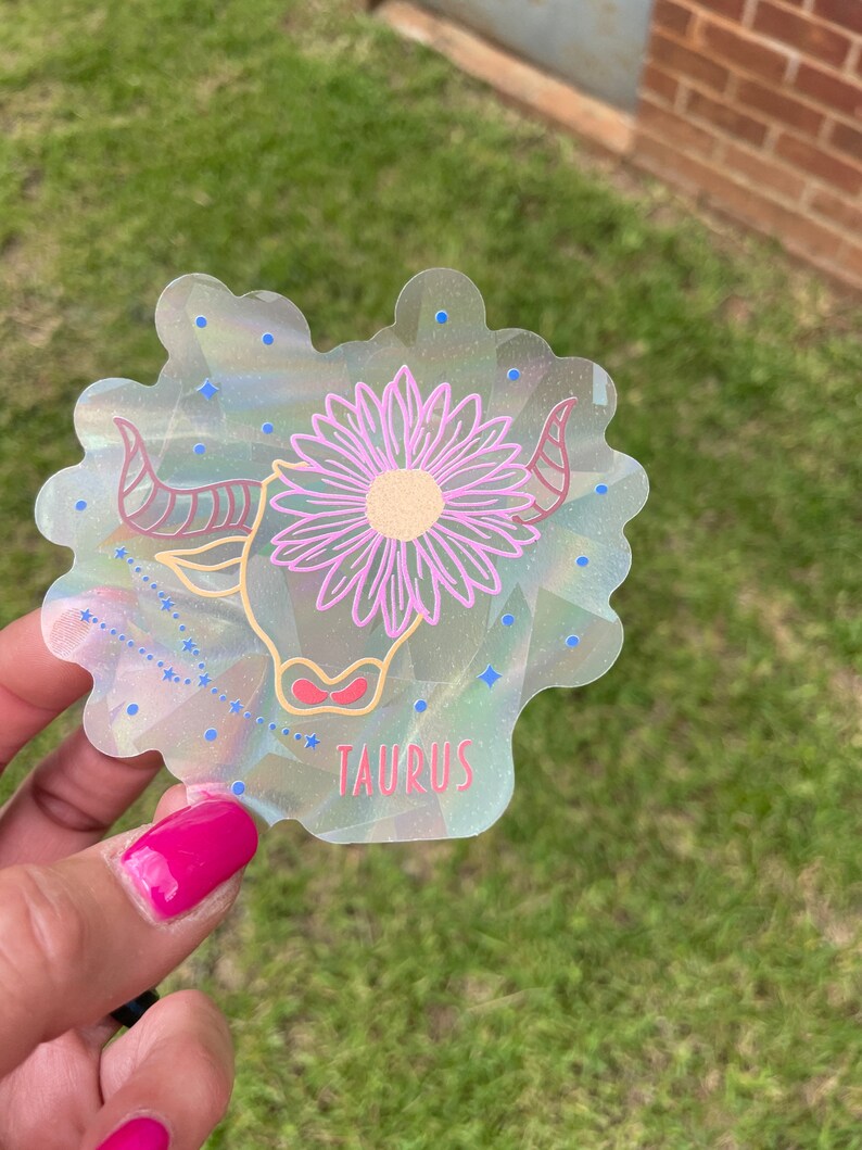 Taurus Zodiac Suncatcher: Holographic Rainbow Window Sticker, photo 5 of 10