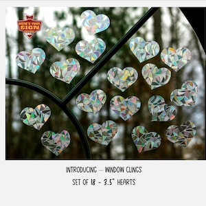 Valentine&#39;s Day Hearts 3.5&quot; Window Decorations. Sun Catcher. Rainbow Prism Decoration. Reusable Static Window Cling. 18 Decals with bonuses!