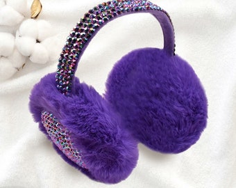 Stocking Stuffer, Studded Fluffy Plush Faux Fur Foldable Earmuffs, Christmas Gift for Ladies,