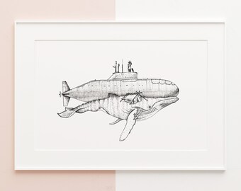 Nautical - Whale and Submarine *Surreal illustration ink handmade drawing* Art Print