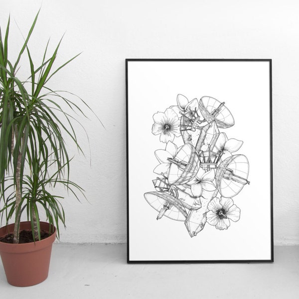Surrealist art print - illustration handmade black pen ink drawing, flowers, antennas, crystal, graphic composition