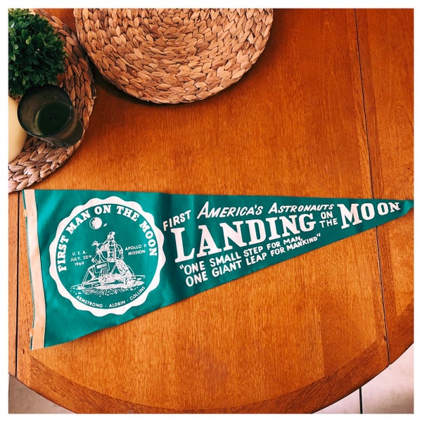 1969 Rare Vintage Original 1969 Apollo 11 "First Landing On The Moon" Pennant Flag - Neil Armstrong, Buzz Aldrin & Michael Collins