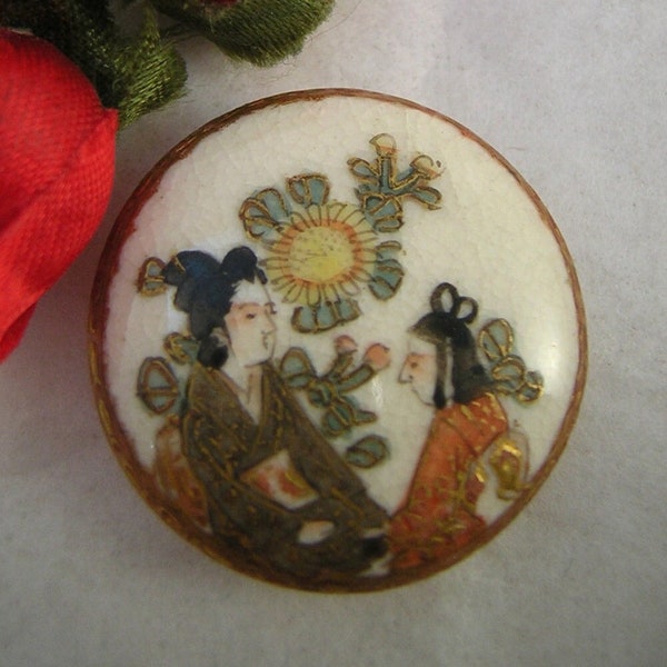 Medium, Satsuma Button, 2 Japanese Maidens  in Garden, Hand Painted, Signed on the back, Fine Condition