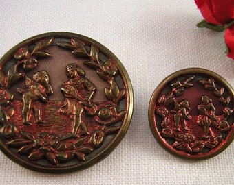 3 Victorian Picture  BUTTONS: Erato & Cupid, Valentine Theme, Original Tint, 3 Sizes, Musician, Muse of Poetry, Floral Border