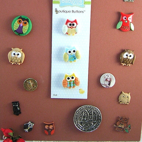 A Parliament of Owls Buttons, 22 Owl Buttons, Antique, Modern, Metal , Plastic, Realistic, Great Lot to Create, Display or Collect