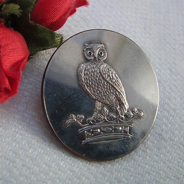 Antique Livery Owl Button, Wise Bird sitting on Ducal Coronet Crown, Silverplate over copper, Firmin & Sons