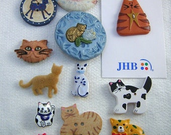 A Clowder of Cats!  12 Fun Cat Buttons, Realistic, Sew-thru, Studio, JHB, Snap-togethers, Flocked,  Great to Collect or Sew!