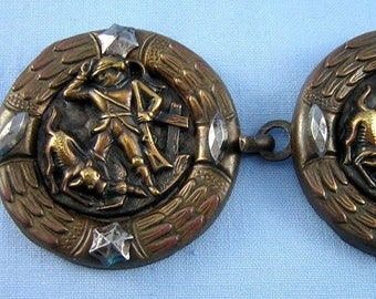 2-piece Antique Sporting Themed Buckle, Cut Steel Trim, Pictorial, Bad Dog with Hunter and Bird, Very Fine